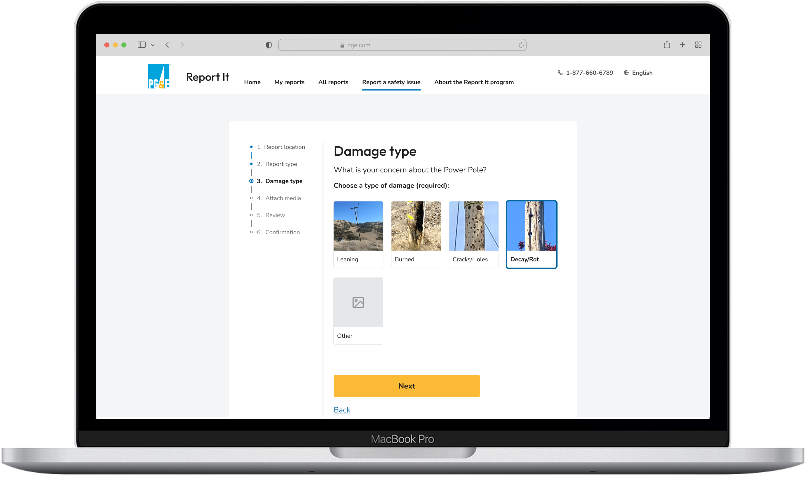 Desktop view of the Report It Apps Damage type screen, which contains four examples of a damaged power pole and a button for Other.