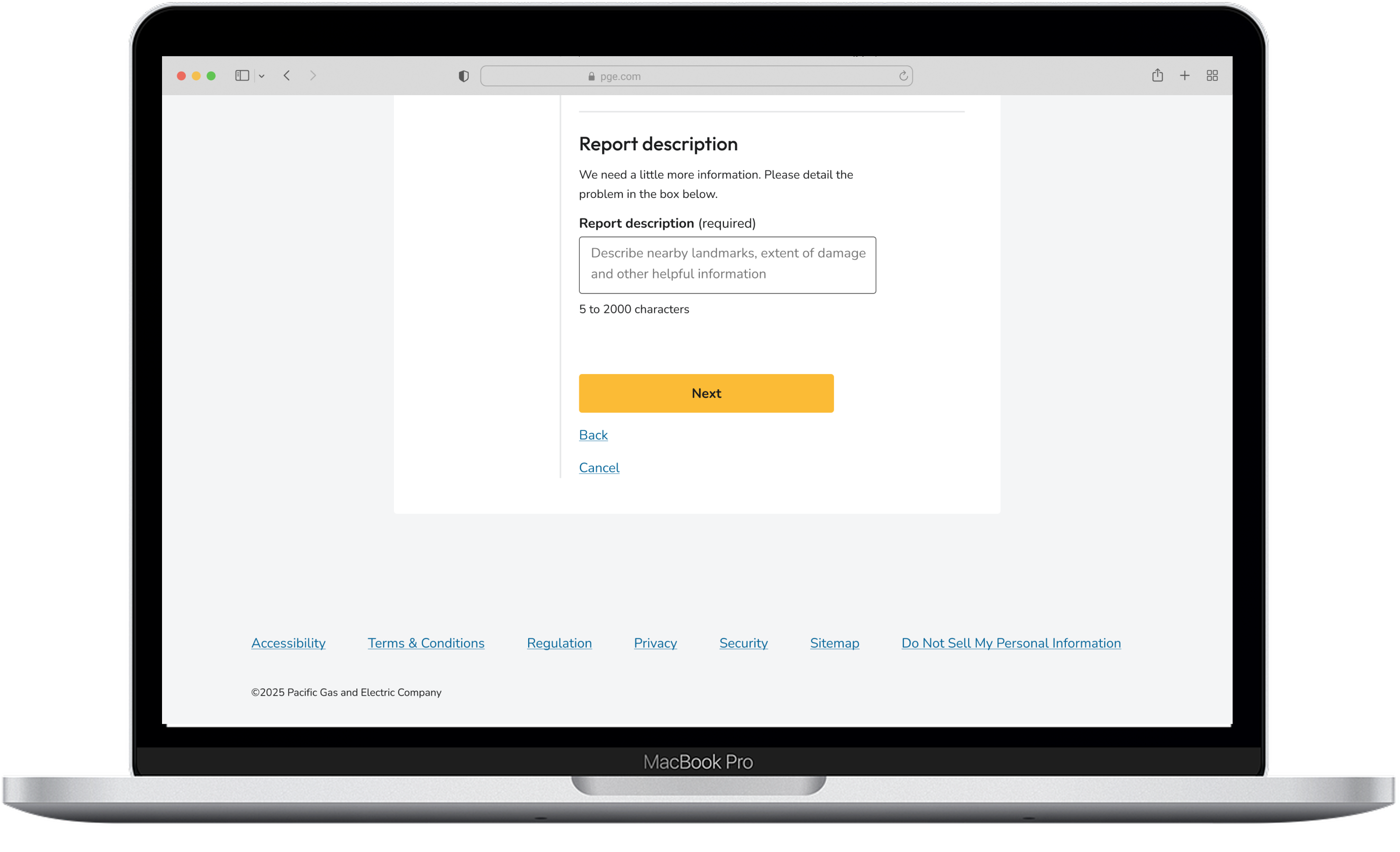 Desktop view of the Report It Apps Report Description screen, which includes a field to write a 5 to 2,000-character description of the concern.