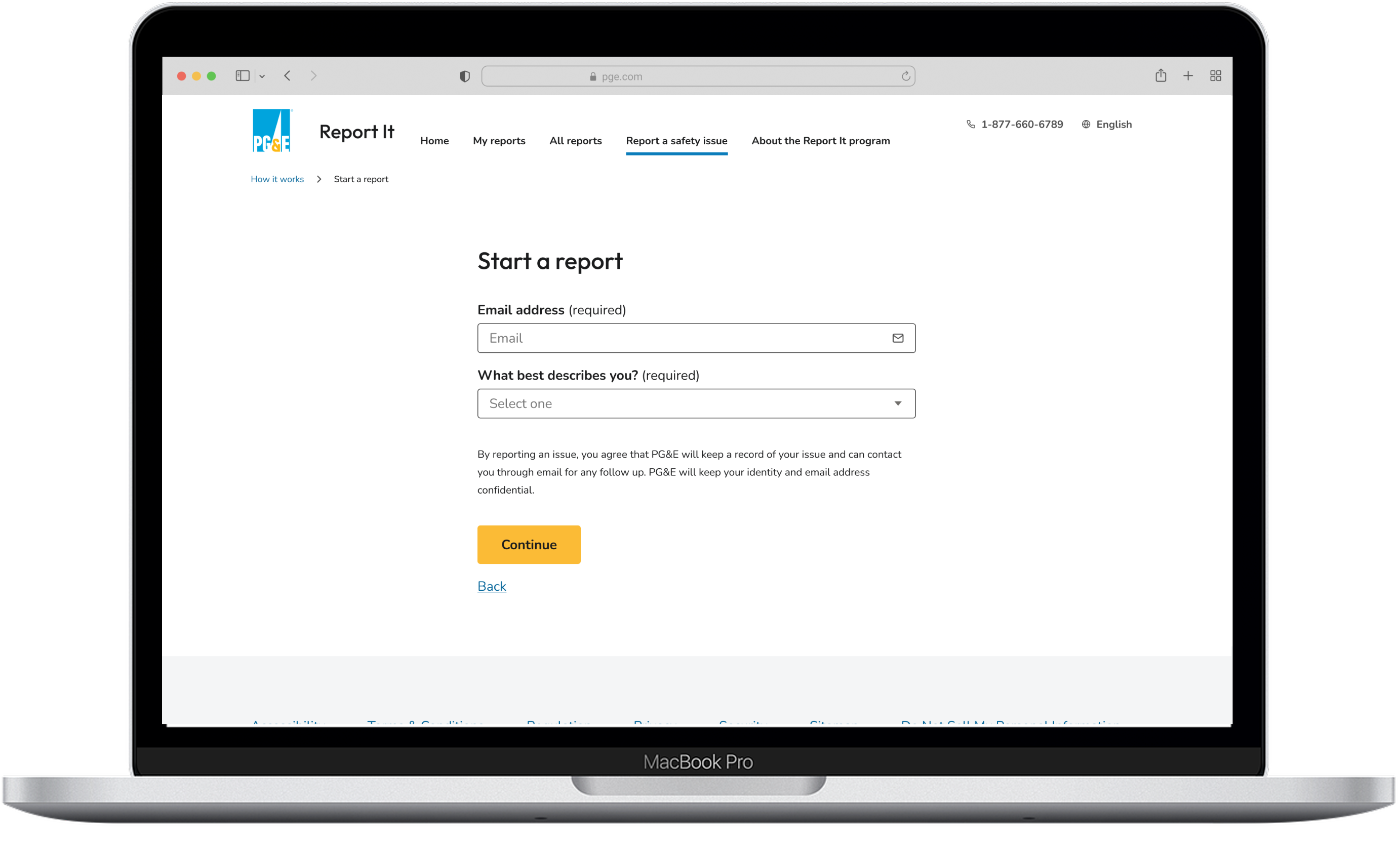 Desktop view of the Report It Apps Start a report screen. Screen contains two required fields one for your email address and another with a dropdown menu with the question, What best describes you.