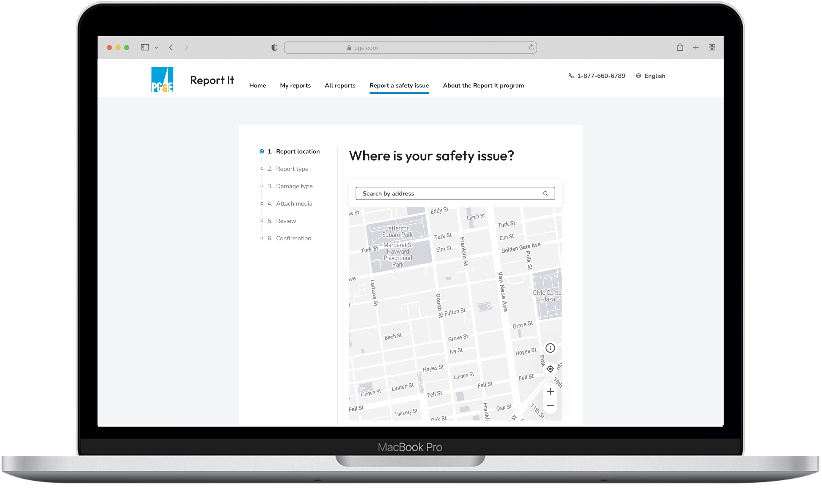 Desktop view of the Report It Apps Where is your safety issue? screen, which contains a field to enter the address of your concern.
