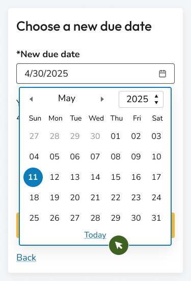 Captura de pantalla de la herramienta de selección de fechas en el segundo paso de pge.com extender mi recorrido de cliente con fecha límite. Los usuarios pueden elegir una nueva fecha de vencimiento.