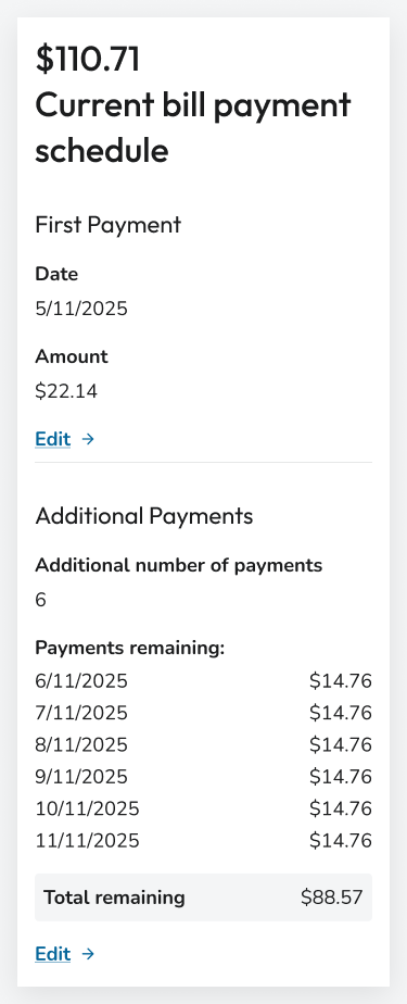Captura de pantalla del tercer paso en el Resumen del plan de pago del recorrido del cliente del plan de pago de pge.com. Los usuarios pueden ver un resumen de su programa de pago de facturas actual.