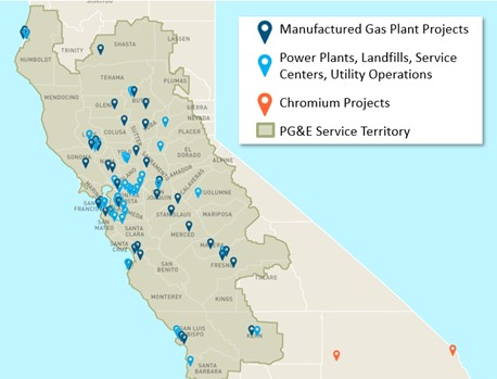 Map with locations of manufactured gas plant projects; power plants, landfills, service centers and utility operations; and Chromium projects within the PG&E service territory.